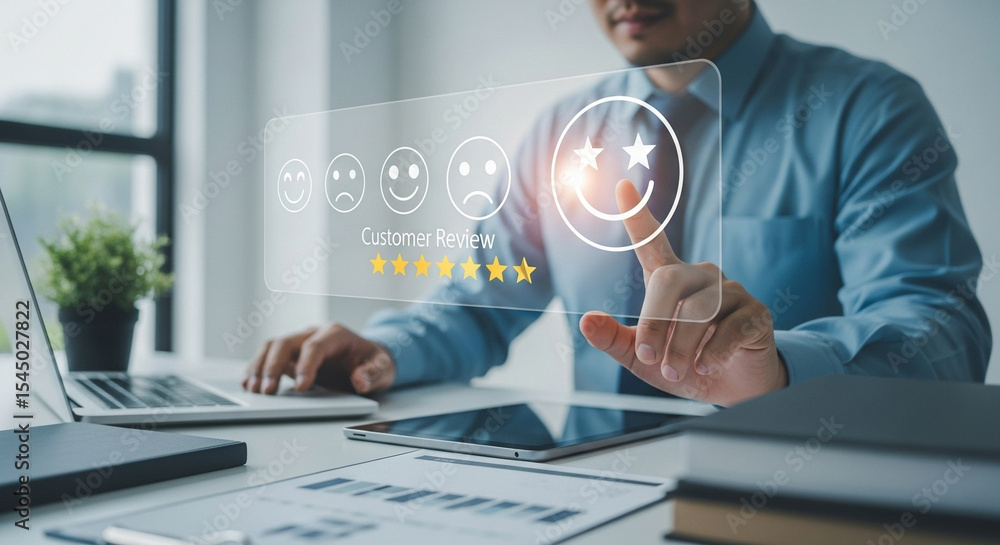 Poster Man selecting a five star customer review on a transparent interface at a desk with tech