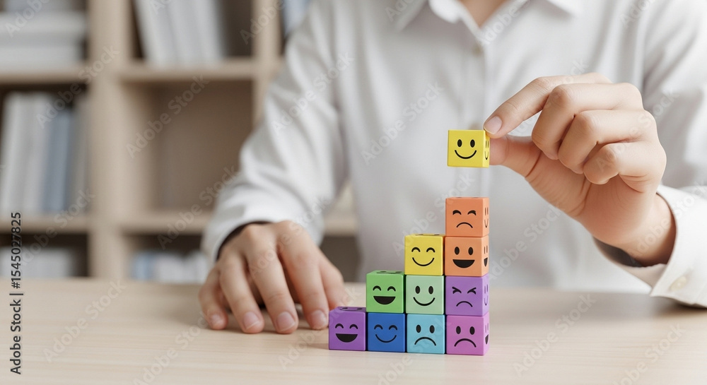 Poster Person stacking colorful blocks with different facial expressions on a table surface indoors