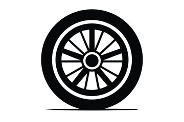 Obraz premium Black Silhouette of a Classic Spoked Wheel with Tire and Shadow Detail Graphic