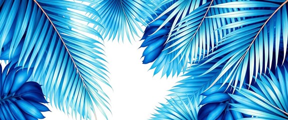 Large blue tropical palm leaves, watercolor effect, modern exotic wallpaper design, leaves, exotic
