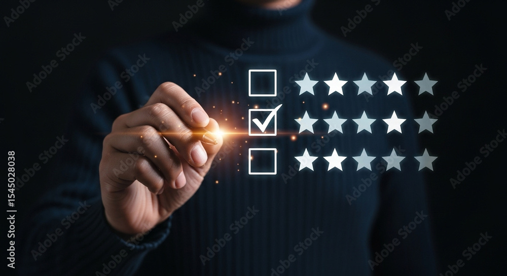 Poster a hand marking a checklist with stars indicating a positive review on a dark background design
