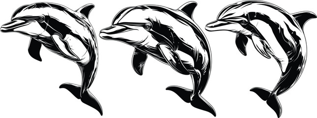 Three Dolphins Different Poses Black White Line Art