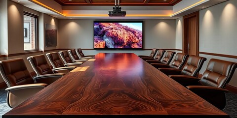 Long rustic wood conference table, leather chairs, projector screen, projector, presentation