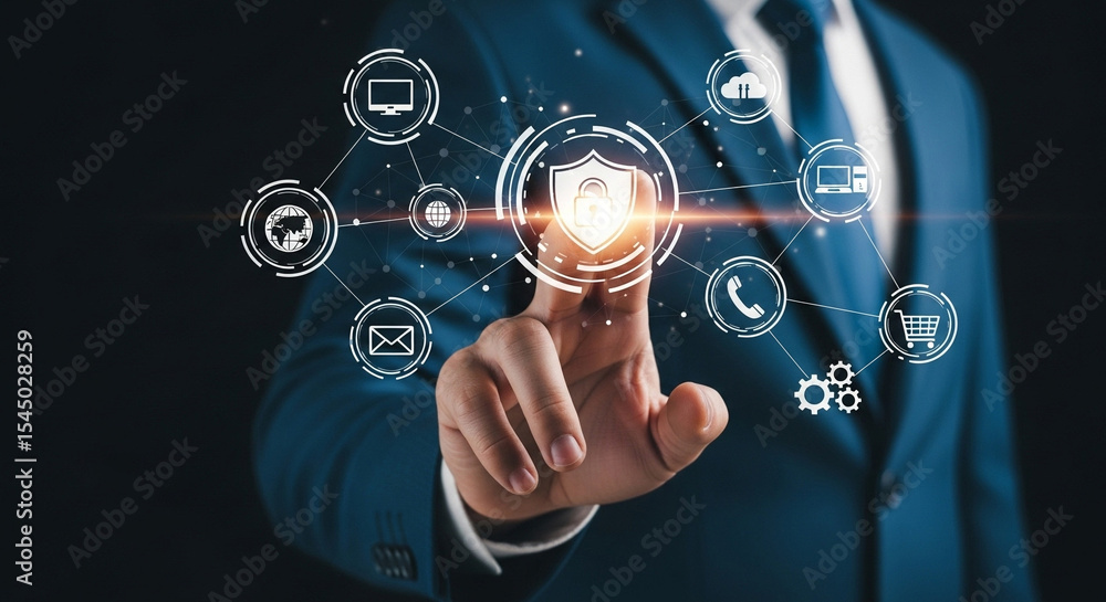 Poster Man in suit touching a digital shield surrounded by icons representing online services and security features