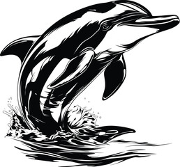 Dolphin Water Ripples Splash Effect Black White Line Art