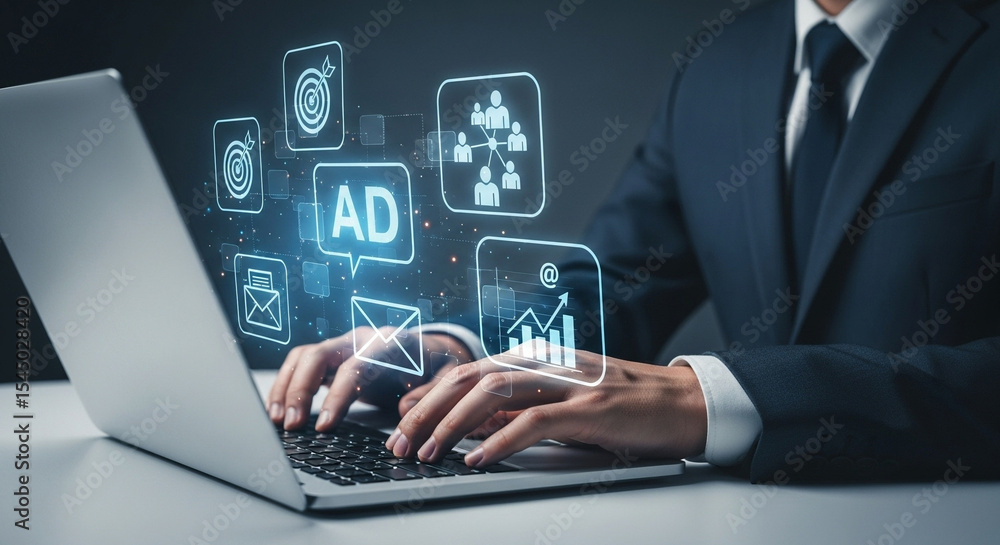Poster person in suit typing on laptop with digital marketing icons hovering above the keyboard area