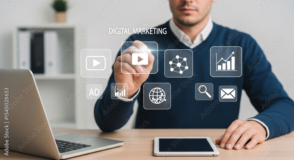 Poster Man interacting with digital marketing icons on a virtual screen in an office setting at a desk
