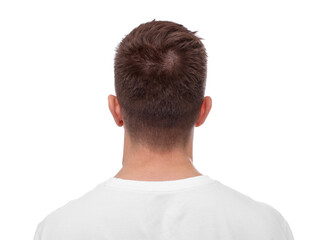 Man with brown hair on white background, back view