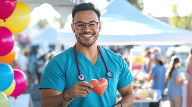 Smiling Doctor Holding Heart at Community Health Fair Promoting Wellness