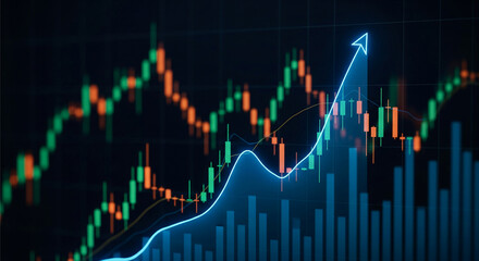 Candlestick chart displays upward trend, growth, financial success, and positive market indicators, symbolizing investment progress and economic prosperity