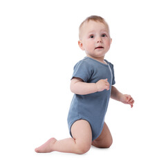 Portrait of cute little baby on white background