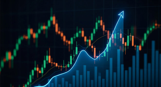 Candlestick chart displays upward trend, growth, financial success, and positive market indicators, symbolizing investment progress and economic prosperity