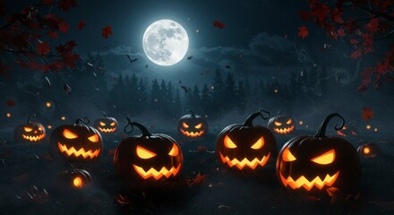 Naklejka premium Halloween pumpkins, spooky forest, night