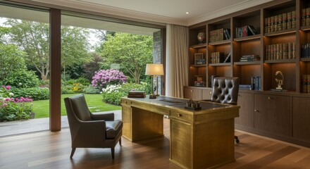 Luxurious home office with large windows overlooking a vibrant garden, featuring a  golden desk, leather chair, and built-in bookshelves