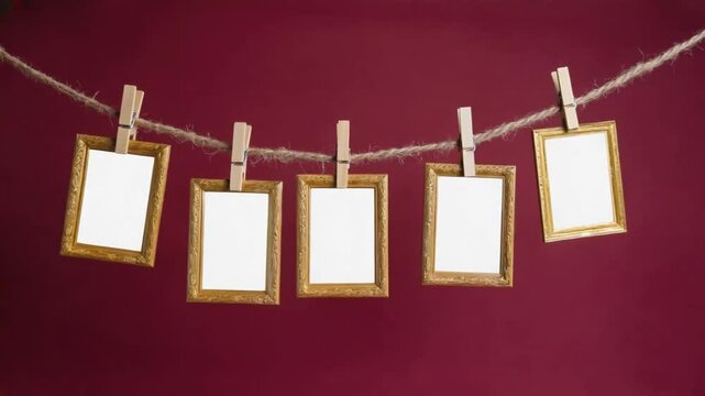 Photos hung with clothespins.