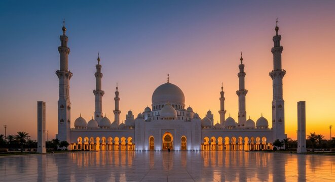 Grand mosque at sunset, white architectural splendor - Powered by Adobe