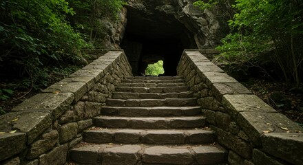 Obraz premium Stone steps ascend towards a dark cave entrance nestled within a lush, green forest