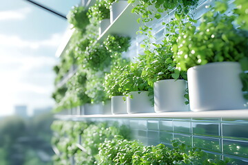 A glass greenhouse with green plants growing