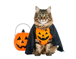 Halloween cat costume pumpkin bucket black cape orange shirt smiling face