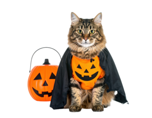 Halloween cat costume pumpkin bucket black cape orange shirt smiling face