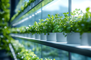 A glass greenhouse with green plants growing