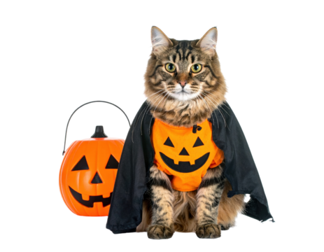 Halloween cat costume pumpkin bucket black cape orange shirt smiling face