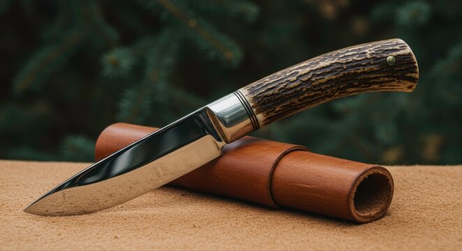 Close-up of a handmade hunting knife with a bone handle and leather sheath