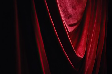 Close-up of red velvet curtains in soft light and shadows, creating elegant stage - like atmosphere for sophisticated events, with fabric texture adding luxurious depth to presentations.