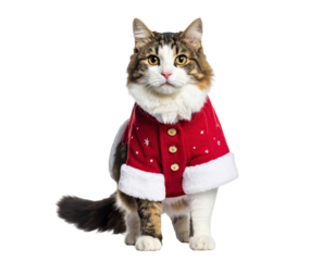 Cat wearing red Christmas coat with white fur trim and wooden buttons, festive and cute