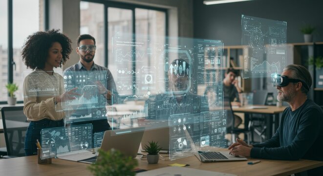 Diverse team collaborates using augmented reality, reviewing data visualizations on holographic displays in a modern office