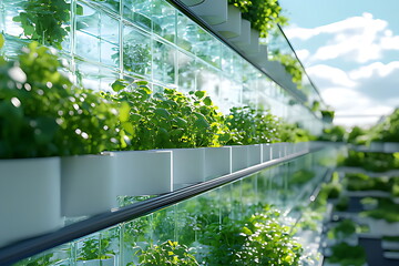 A glass greenhouse with green plants growing