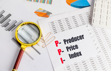 Documents with abbreviation PPI for producer price index on desk with charts