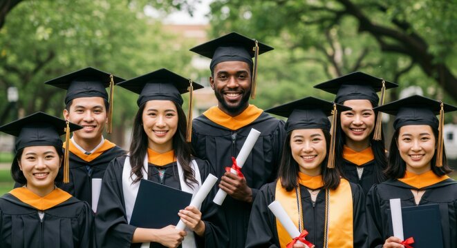 Diverse group of smiling graduates in caps and gowns, proudly holding diplomas outdoors