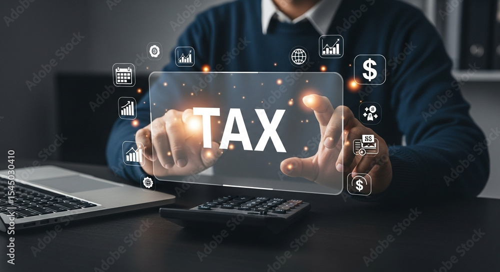 Poster a person calculating tax with a laptop and calculator with digital icons floating around tax text