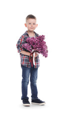 Little boy with bouquet of lilac flowers on white background