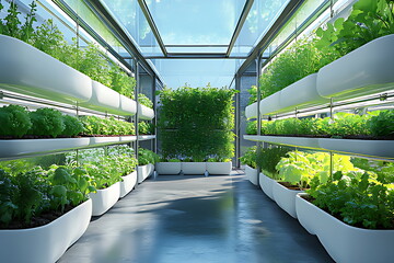 A glass greenhouse with green plants growing