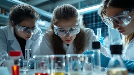 A photo realistic science lab scene showcasing teenagers in safety goggles engaged in chemistry experiments, fostering teamwork and creativity.