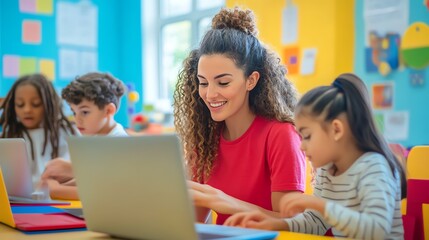 A photo realistic image of a teacher aiding children with laptops in a vibrant classroom, embodying technology in education and cheerful learning.