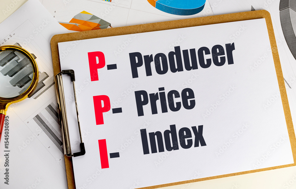 Poster clipboard with text producer price index abbreviation ppi on top of financial charts and magnifying 