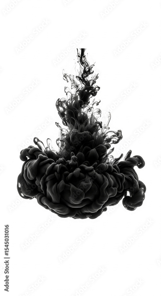 Poster black ink swirling in water, creating abstract shapes and textures. represents mystery, depth, and f