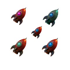 Fototapeta premium The artwork showcases multiple rockets poised for launch against a starry background. Planets and satellites fill the sky, representing the excitement of space exploration in 2021.