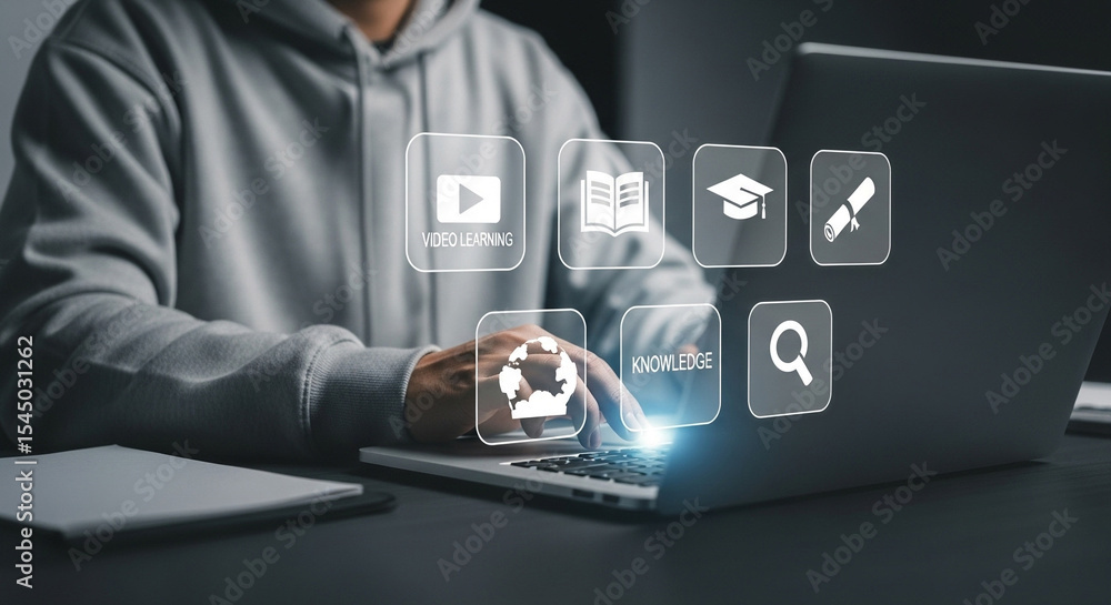 Poster Person using laptop with floating education icons for online learning and knowledge access