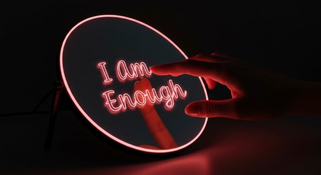 Illuminated round mirror displays "I am Enough" in neon pink script; a hand gently touches the reflective surface
