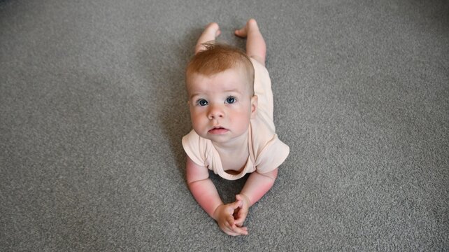 baby crawling on a gray rug. The baby's hands are sunburned - Powered by Adobe