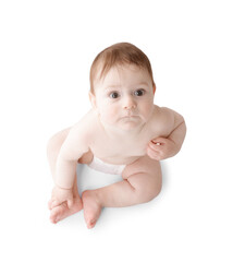 Cute little baby in diaper sitting on white background, above view