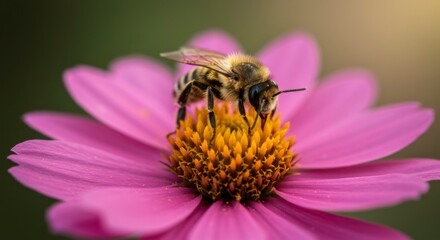 A bee meticulously gathers pollen from the vibrant center of a pink flower, its wings delicately poised
