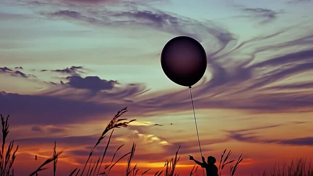 Silhouette of child releasing a balloon at sunset