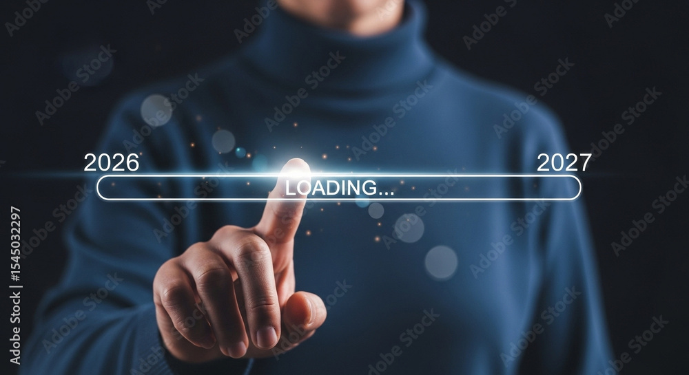 Poster Person pressing loading bar between years showing transition from twenty twenty six to twenty twenty seven