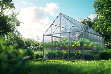 A glass greenhouse with green plants growing