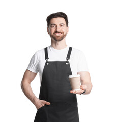 Portrait of smiling barista with paper takeaway cup of hot drink on white background
